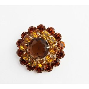 Vintage Amber Topaz Rhinestone Sunburst Brooch Pin Mid-Century